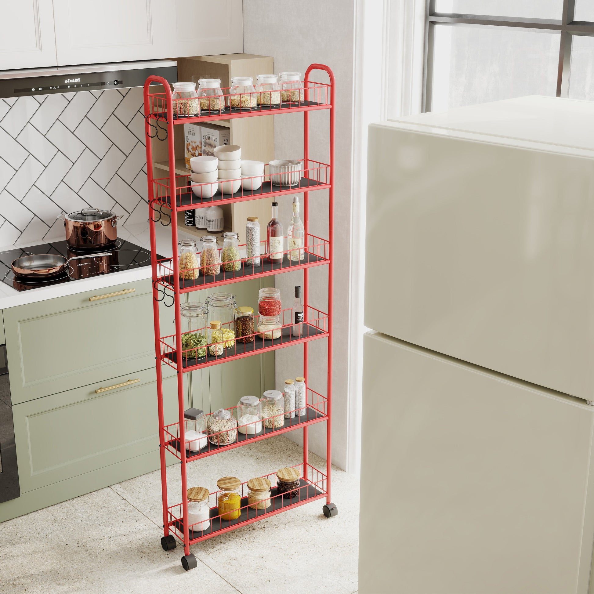 Red 6-story rolling cart gap kitchen ultra-thin sliding out storage tower shelf with wheels, 6 baskets - Korvel