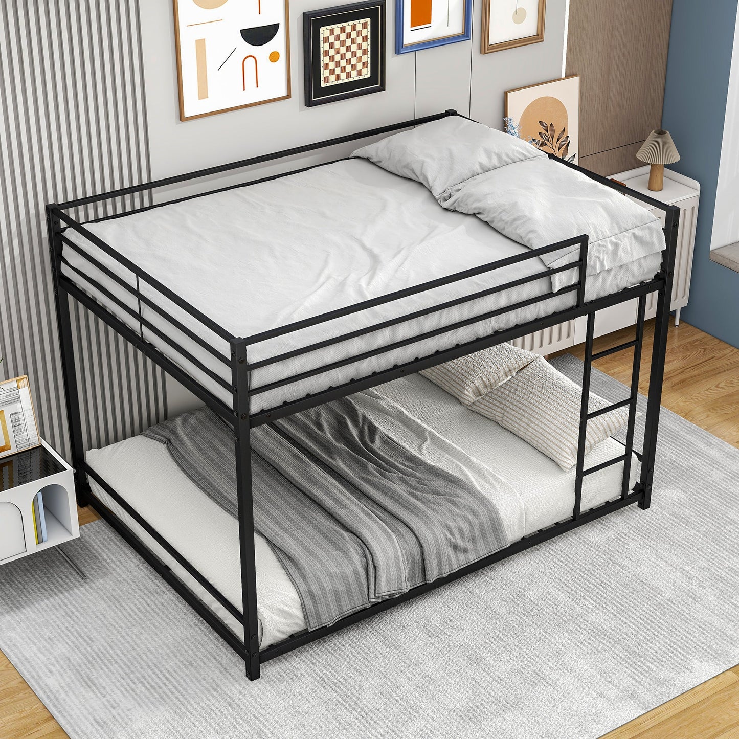 Metal Bunk Bed Full Over Full Bunk Bed Frame with Safety Guard Rails Heavy Duty Space-Saving Design Easy Assembly Black - Korvel