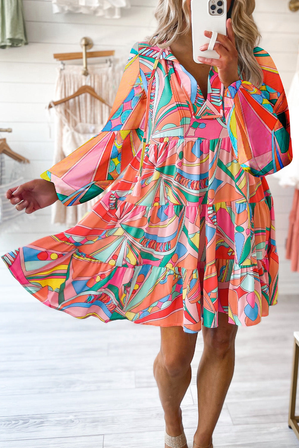 Multicolored Printed Long Sleeve Tie Neck Mini Dress