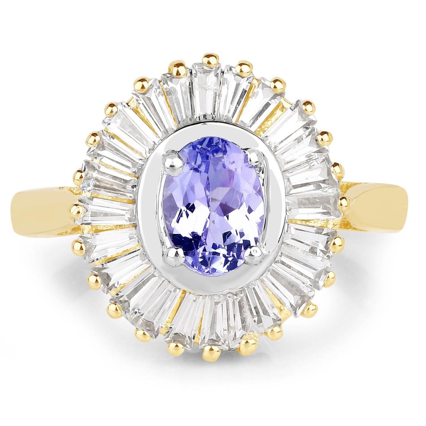 Bague en Tanzanite et Topaze Blanche Plaquée Or Jaune 14K