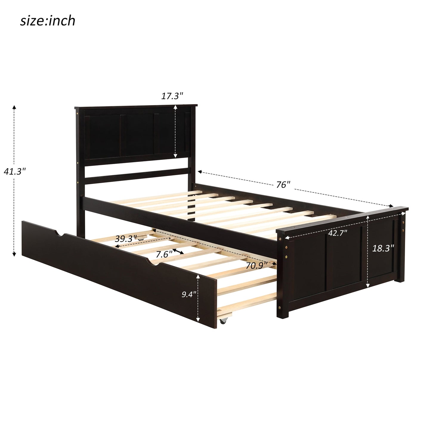 Platform Bed with Twin Size Trundle, Twin Size Frame, Espresso - Korvel