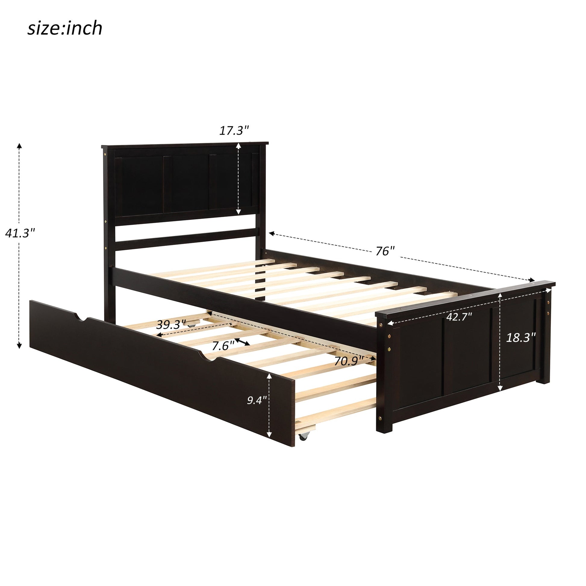 Platform Bed with Twin Size Trundle, Twin Size Frame, Espresso - Korvel