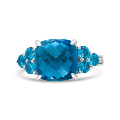 Bague en Or Blanc 18 Carats avec Topaze Bleue en Forme de Coussin et Diamants - Taille 6.5