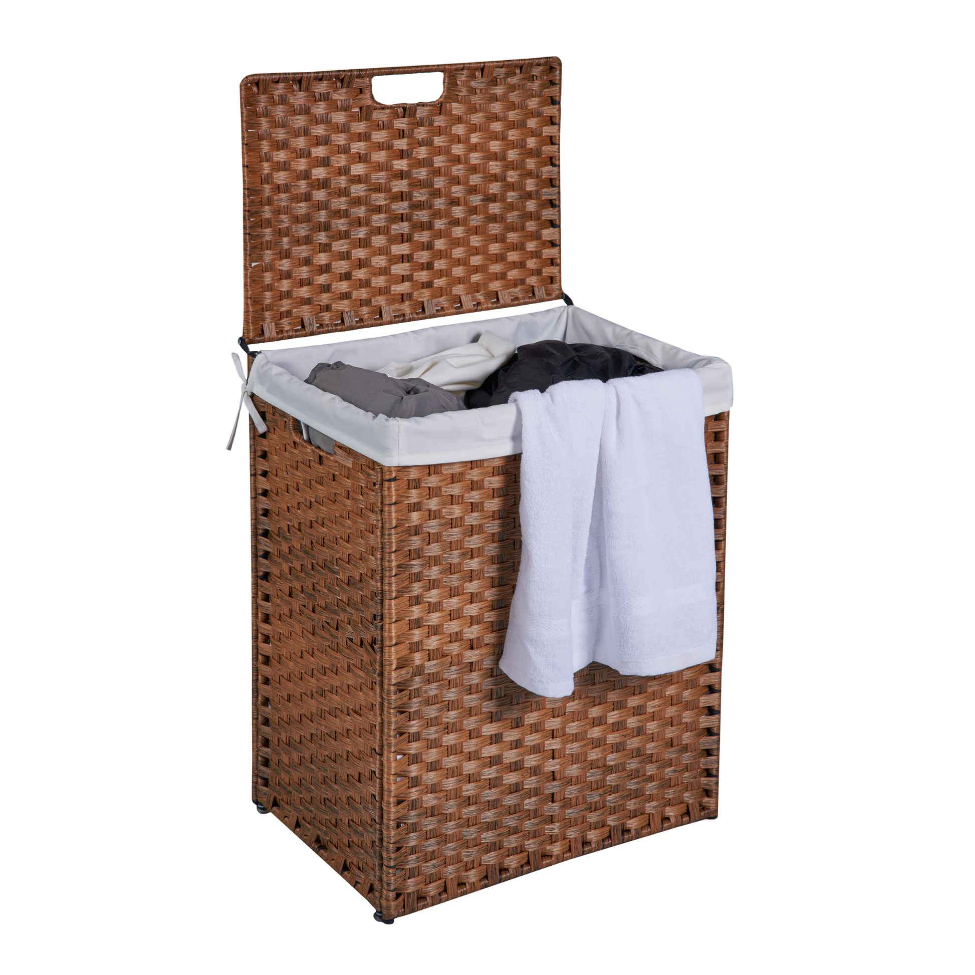 Laundry Hamper With Lid PE Rattan Powder Coating Frame Clothes Hampers with 02 Removable Bags, 100L, Brown Color - Korvel