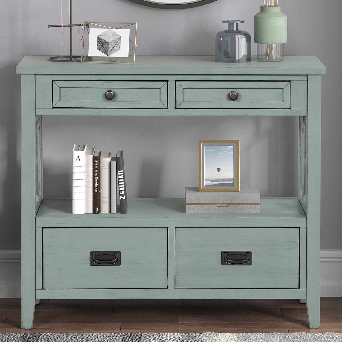 36'' Farmhouse Pine Wood Console Table Entry Sofa Table with 4 Drawers & 1 Storage Shelf (Retro Blue) - Korvel