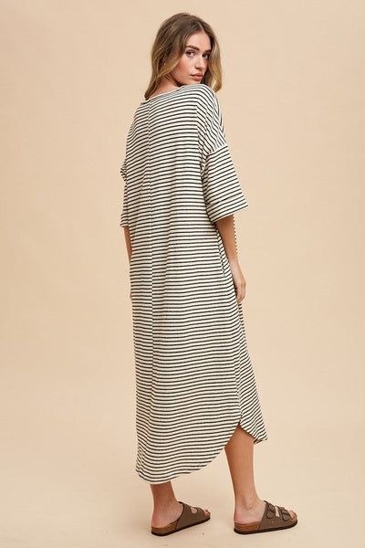 Striped Round Neck Midi Dress - Soft & Stylish Classic Design