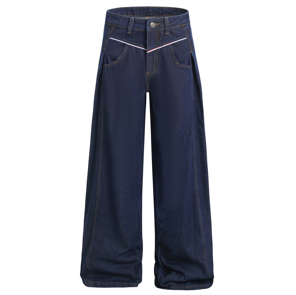 American High Street Design Denim Wide Leg Long Pants Men's Vibe Trendy Side Pleated Loose Casual Trousers - Korvel