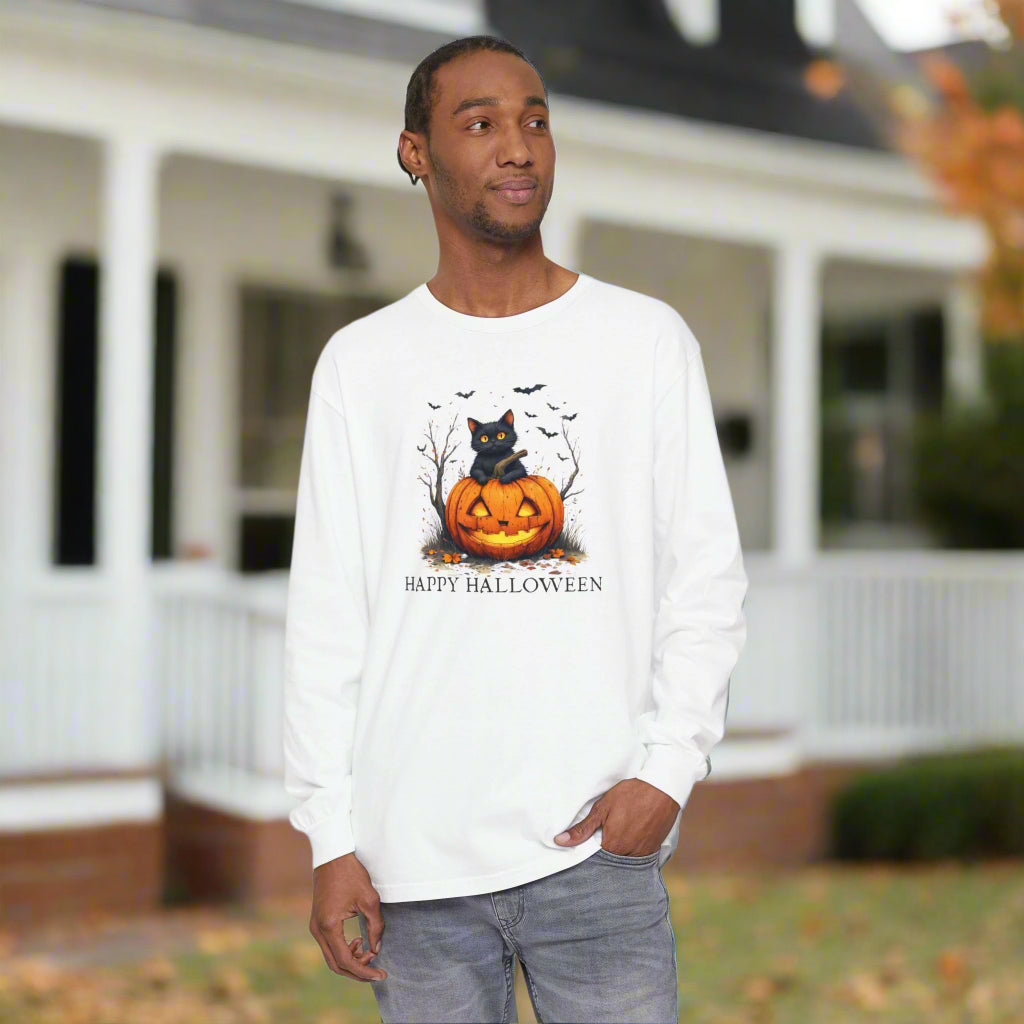 Happy Halloween Cat Long Sleeve Tee for Cat Lovers