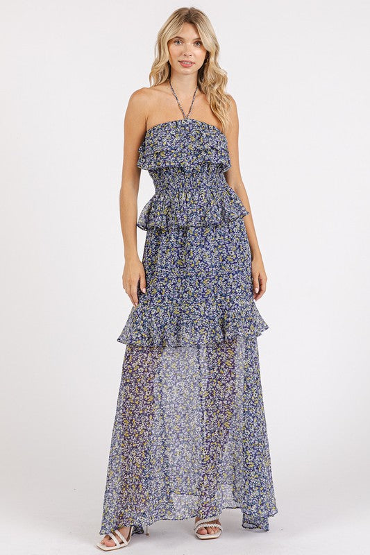 Robe maxi à col halter en fleurs froncées et volantes
