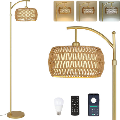 Arc Floor Lamp with 3 Color Temperatures, LED Gold Floor Lamp with Remote & Stepless Dimmable Bulb, Boho Standing Lamp - Korvel