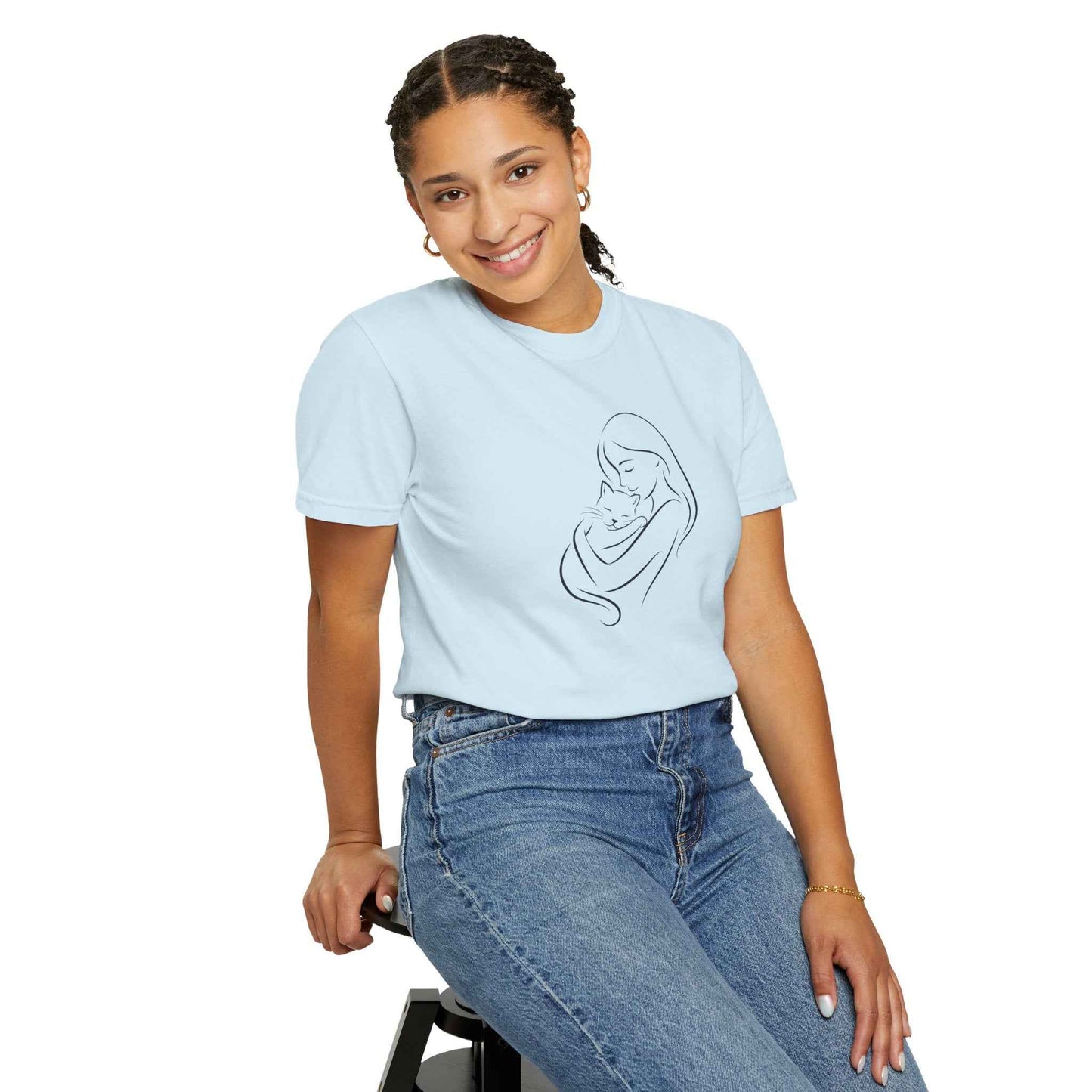 Camiseta Madre y Gato Abrazo | Camiseta Minimalista de Arte Lineal para Mamás de Gatos