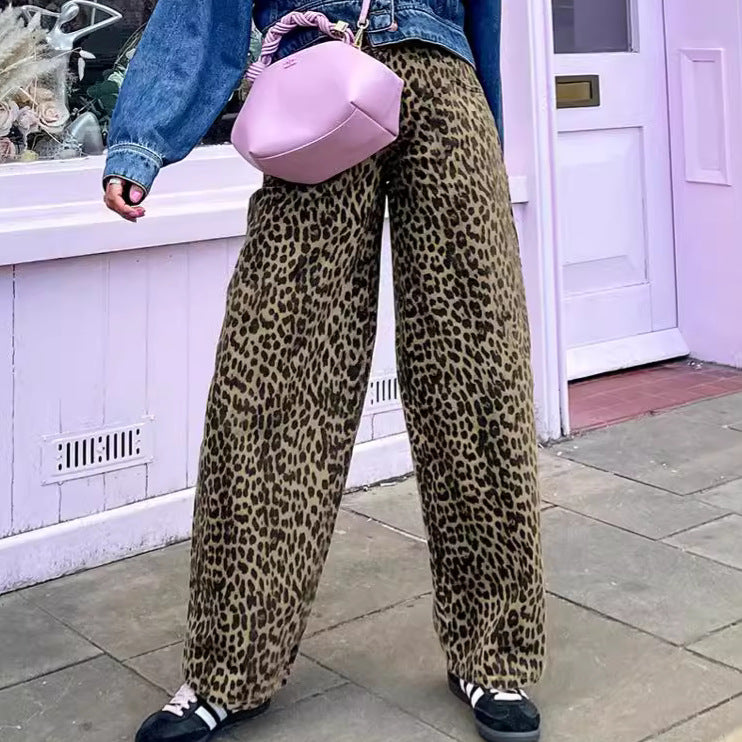American retro leopard print casual pants with high waist design niche fashion loose and wide leg pants - Korvel