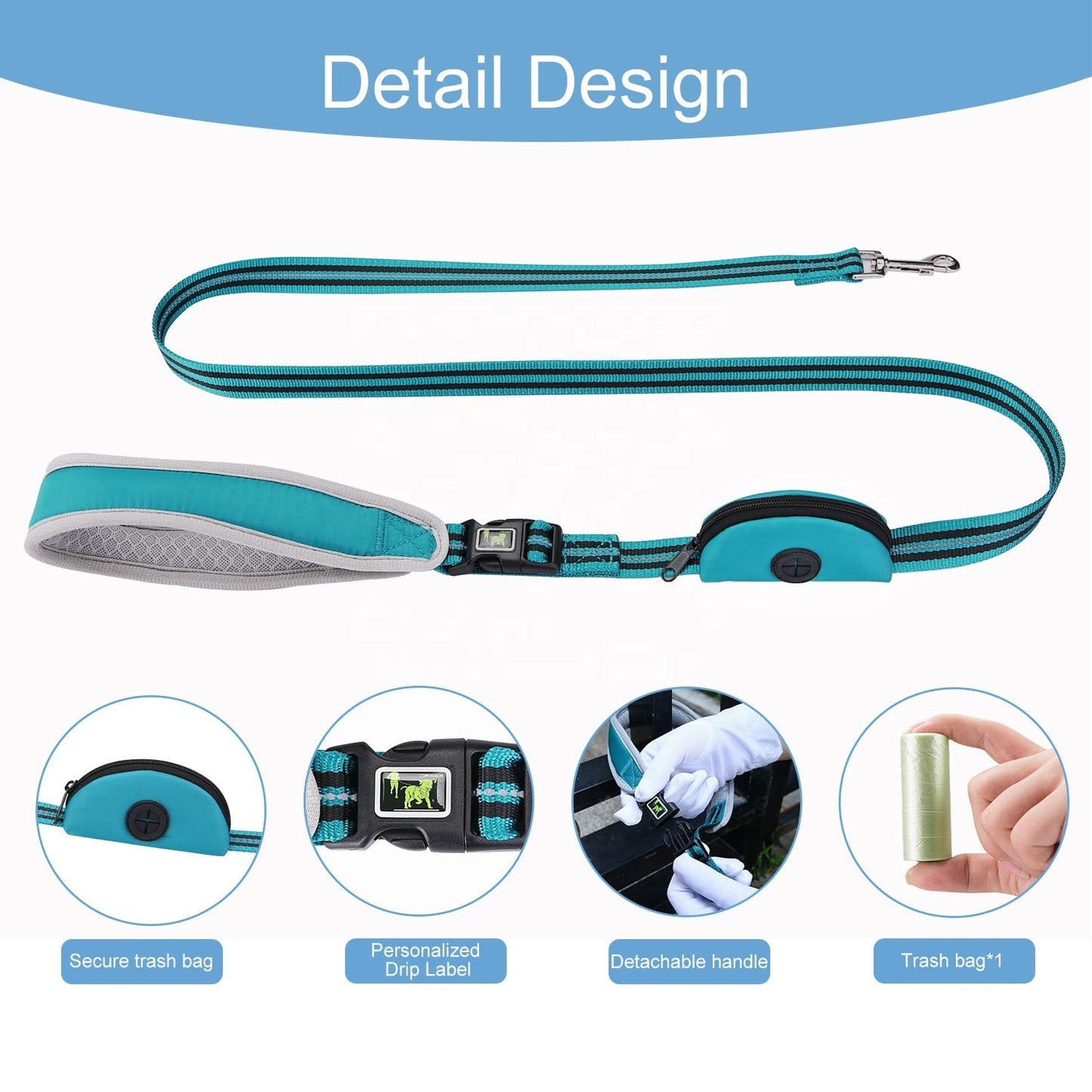 Nylon Combat Padded Leads Dog Leash with Double Padded Handles with Built in Poop Bag Holder Dispenser - Korvel
