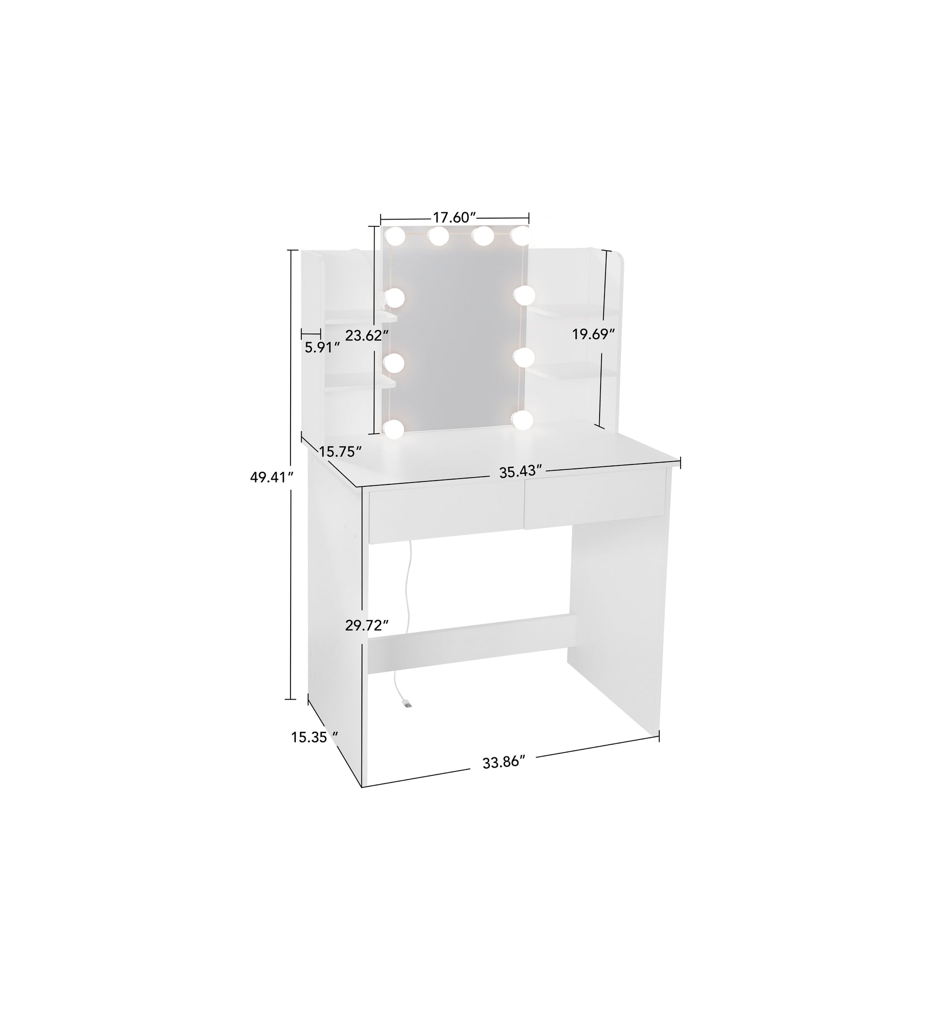 Makeup Vanity Desk With LED Lighted Mirror ,Dressing Table Set With 2 Large Drawers 10 LED Light ,White Color - Korvel