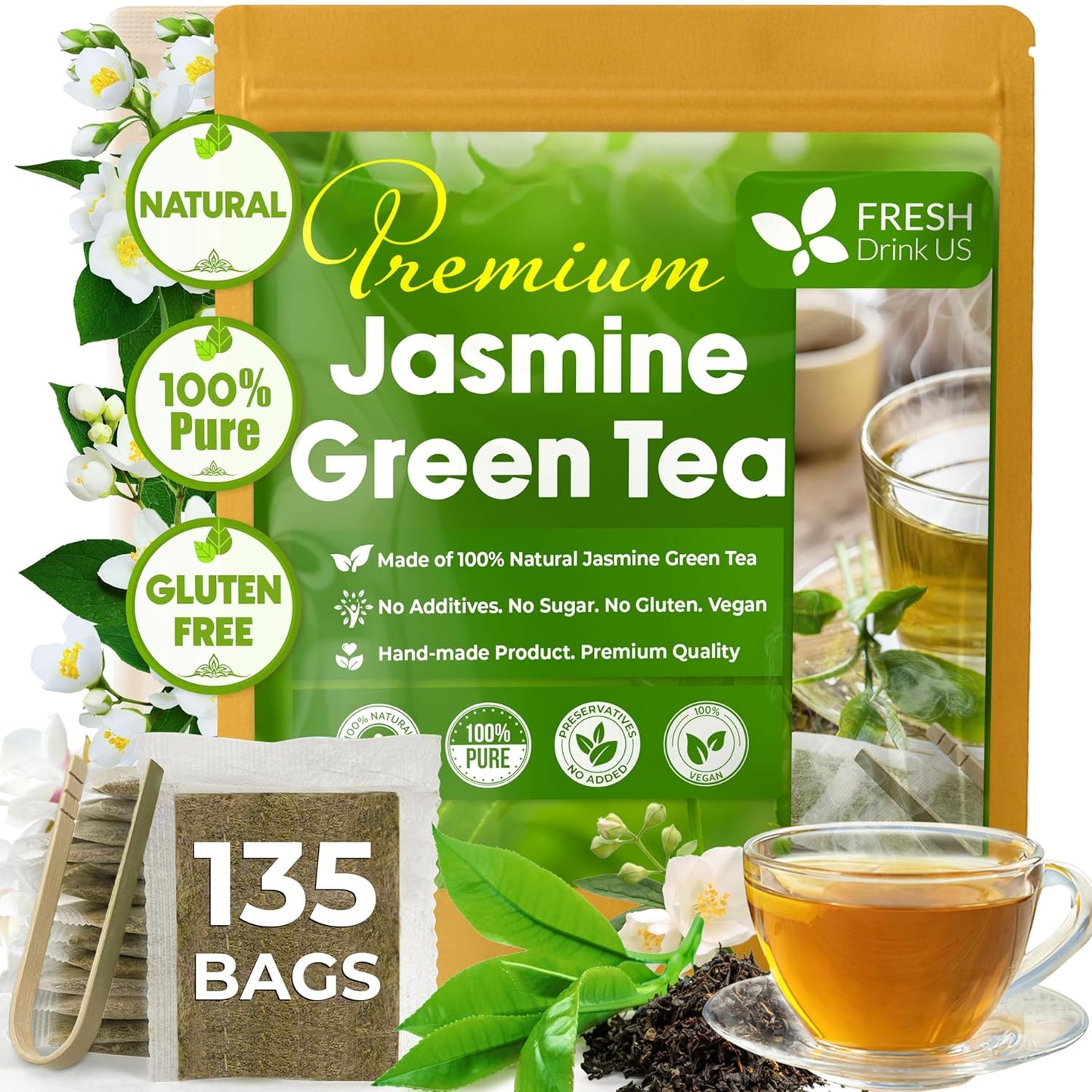 Premium Jasmine Green Tea Bags - Natural & Vegan