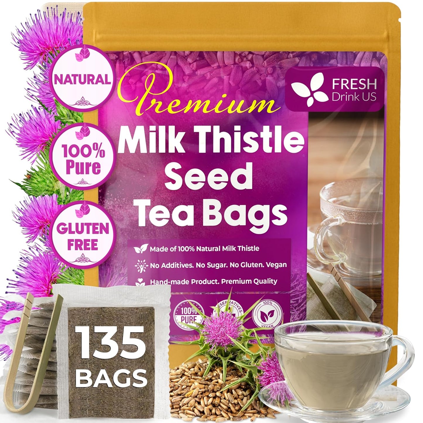 Bolsitas de té de cardo mariano premium, 100 % naturales y puras de semillas de cardo mariano. Té de semillas de cardo mariano. Elaborado con bolsitas de té naturales. Sin azúcar, sin cafeína, sin gluten, vegano.