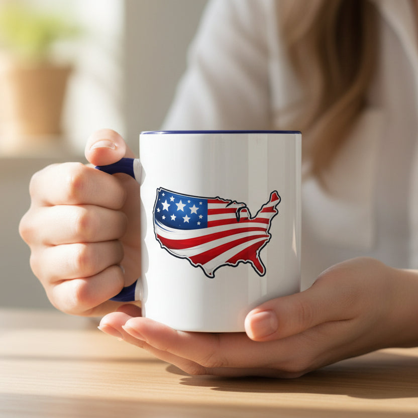 Taza de café patriótica con mapa de EE. UU. y asa roja