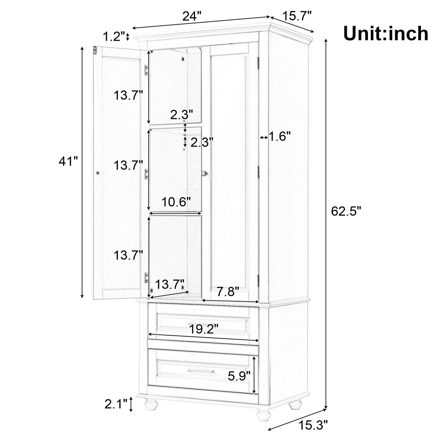 Tall Storage Cabinet with Two Drawers for Bathroom/Office, Black - Korvel