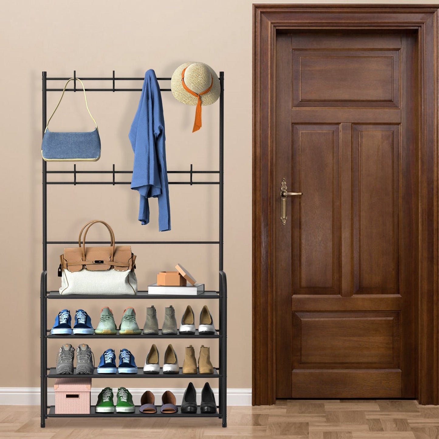 Entryway Coat and Shoe Rack - 4 Tier Freestanding Organizer