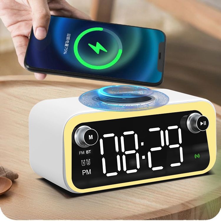 Reloj despertador Bluetooth premium con carga inalámbrica y termómetro