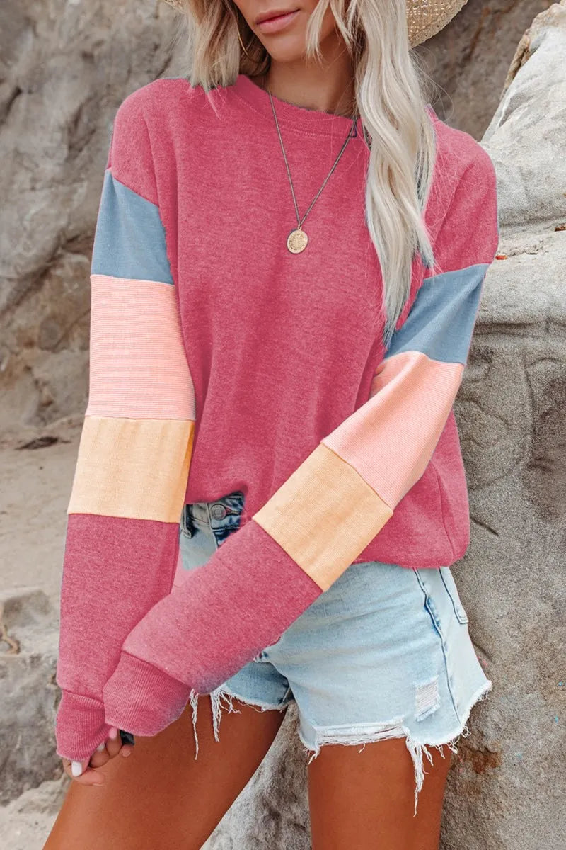Color Block Round Neck Long Sleeve Sweatshirt - Korvel