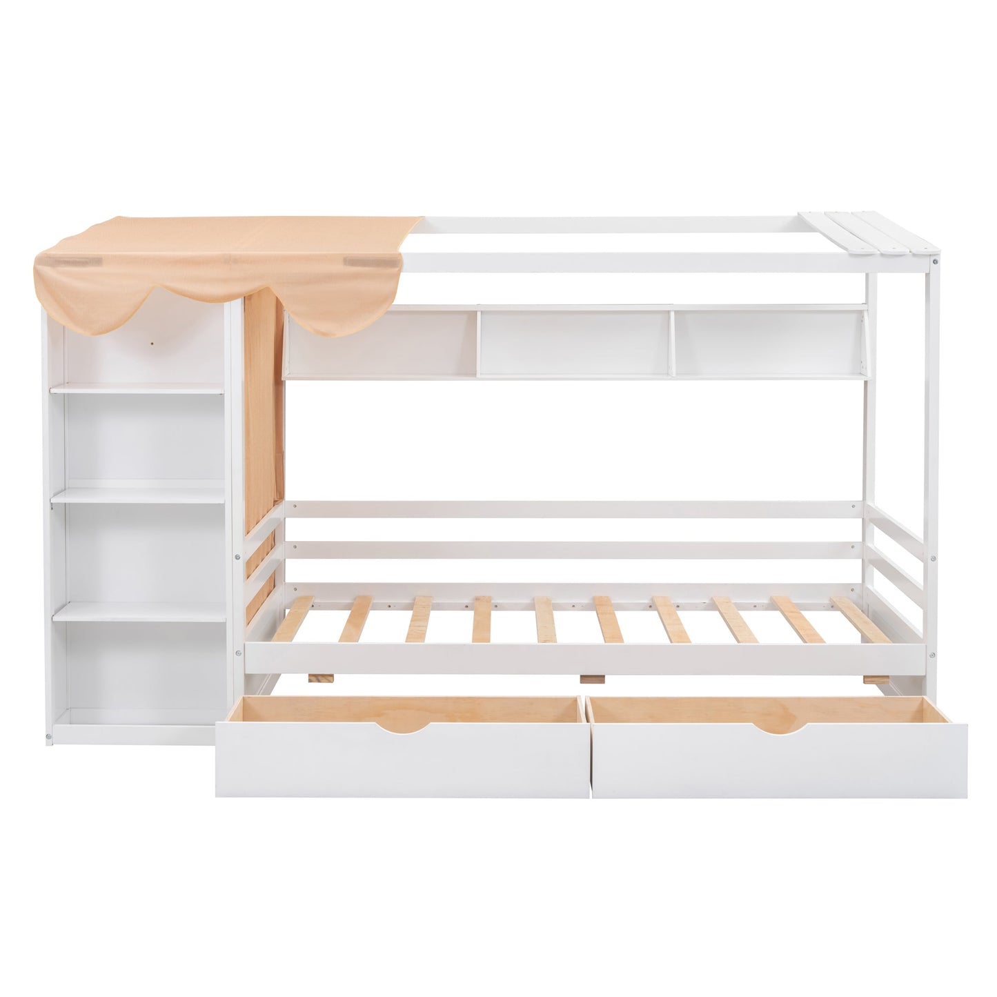 Twin Size House Bed with Two Drawers and Wardrobe - White