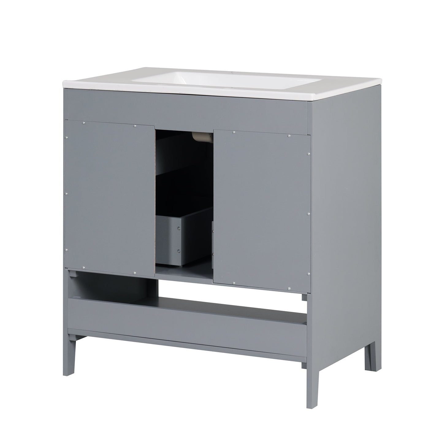30" Bathroom Vanity with Sink, Multi-functional Bathroom Cabinet with Doors and Drawers, Solid Frame and MDF Board, Grey - Korvel