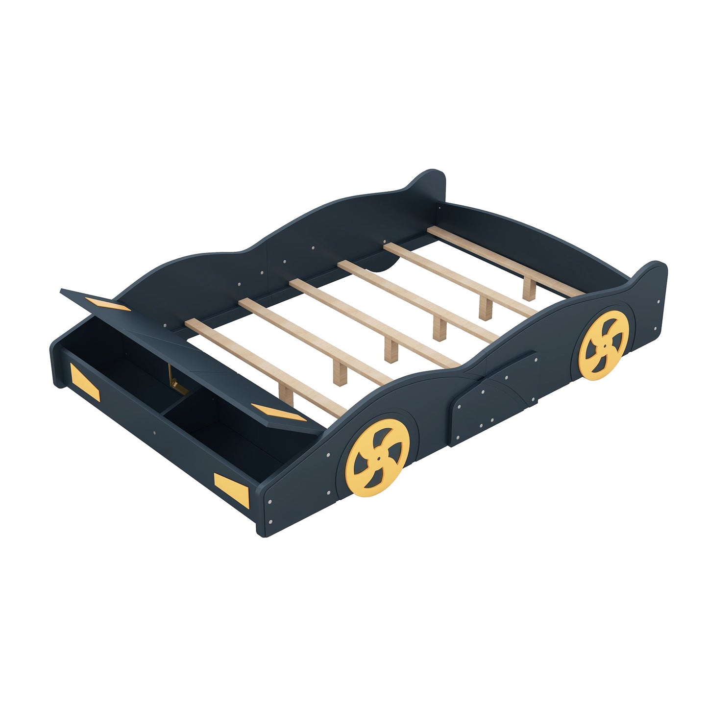 Full Size Race Car-Shaped Platform Bed with Wheels and Storage, Dark Blue+Yellow - Korvel