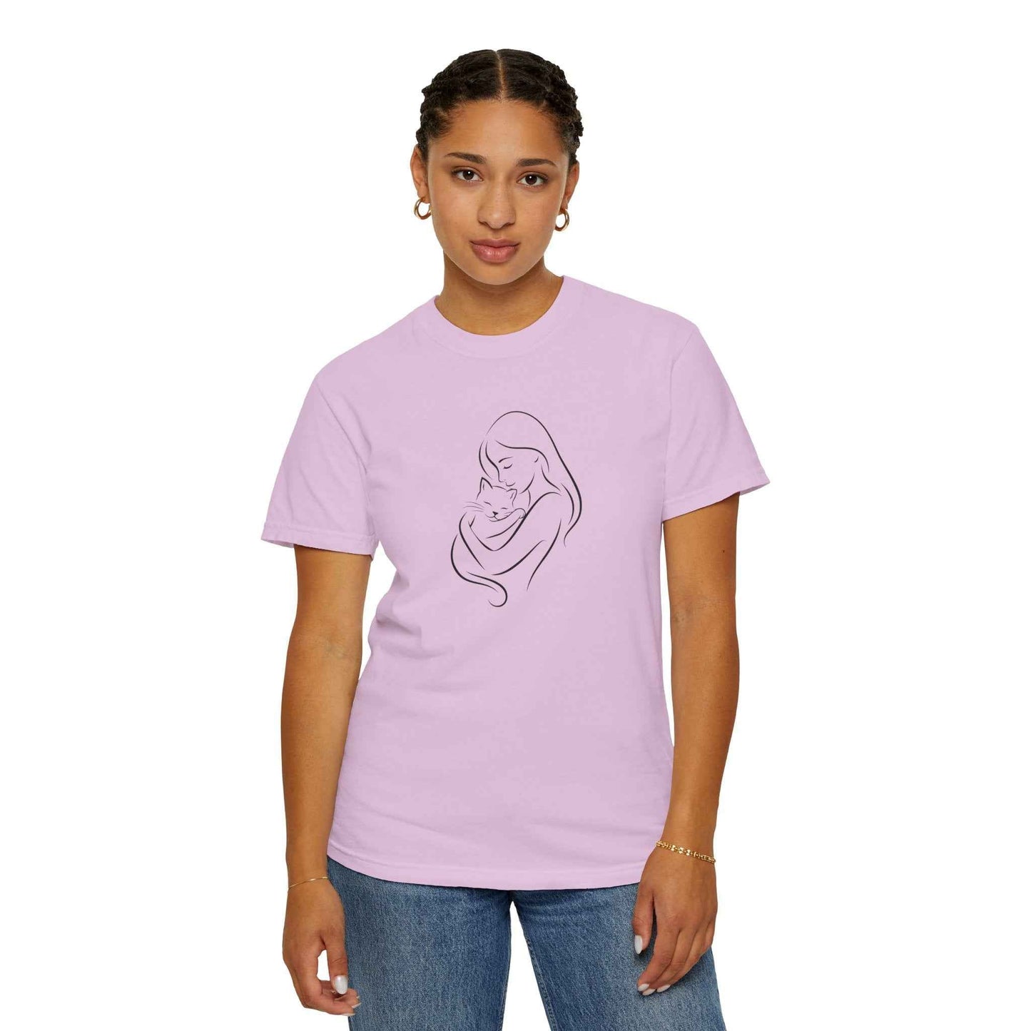 Camiseta Madre y Gato Abrazo | Camiseta Minimalista de Arte Lineal para Mamás de Gatos