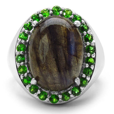 11.90 Carat Genuine Labradorite & Chrome Diopside Ring