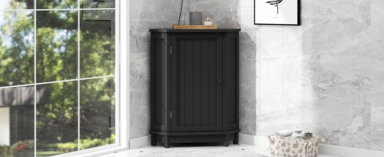 Black Bathroom Cabinet Triangle Corner Storage Cabinet with Adjustable Shelf Modern Style MDF Board - Korvel