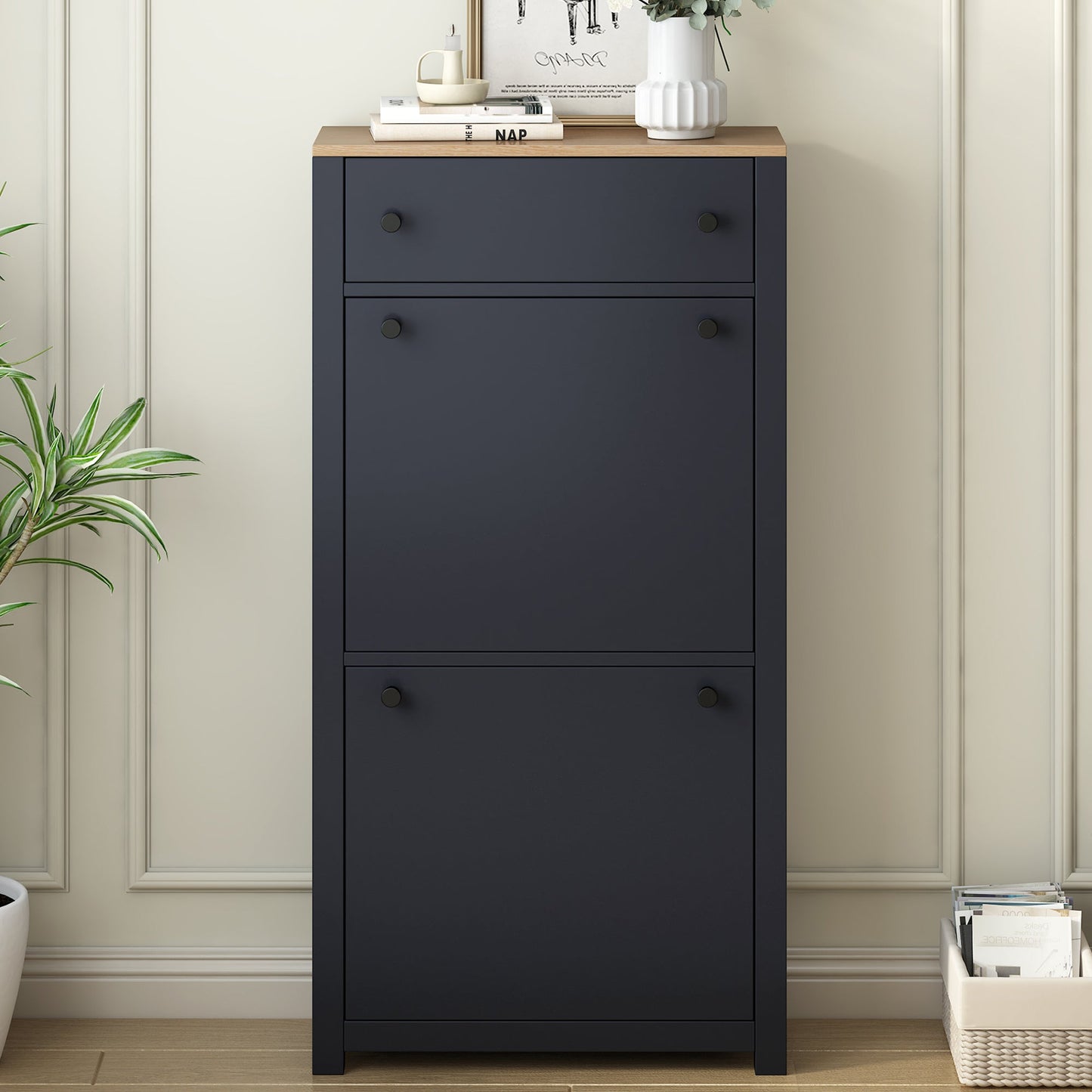 ONTREND Black Shoe Cabinet with 2 Flip Drawers