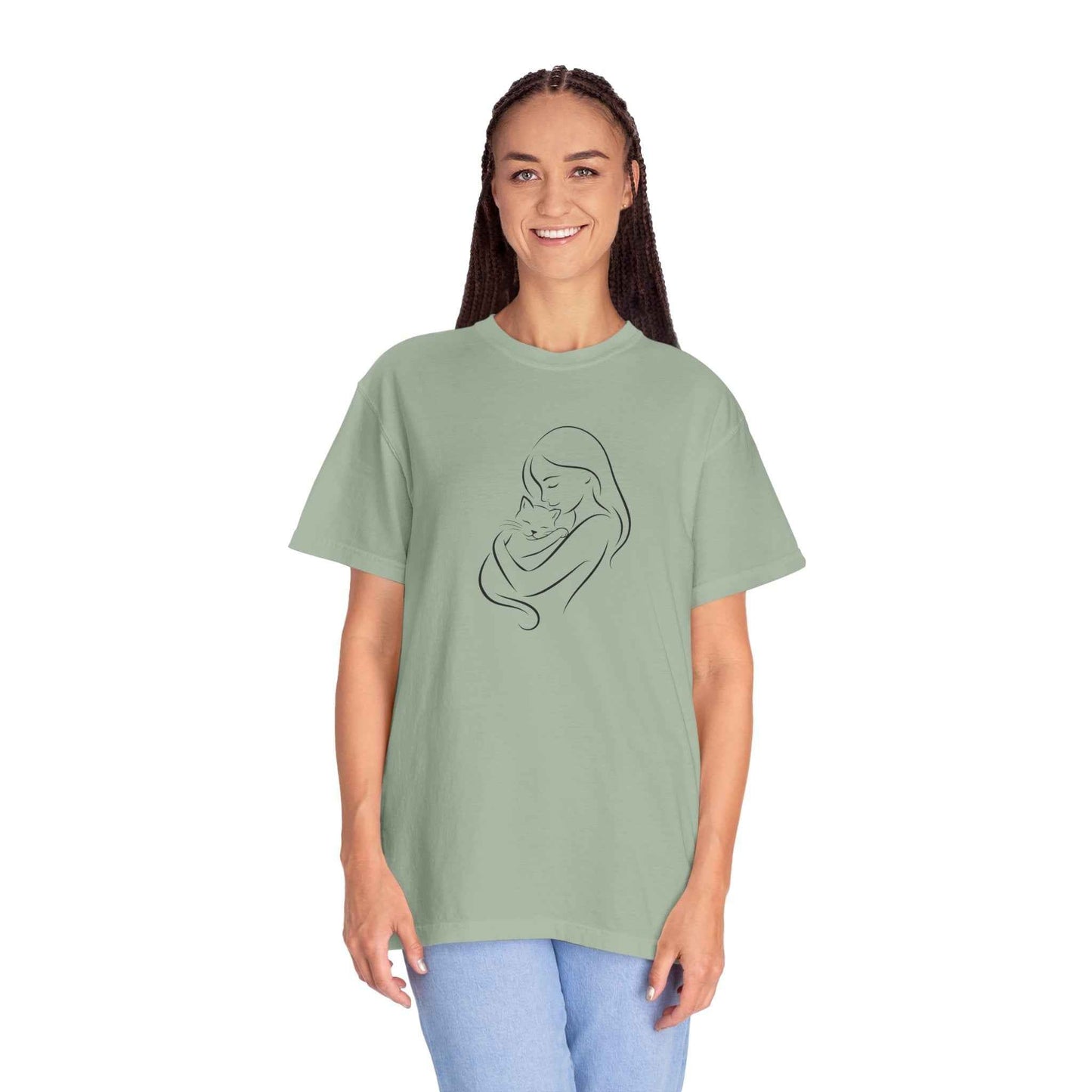 Camiseta Madre y Gato Abrazo | Camiseta Minimalista de Arte Lineal para Mamás de Gatos