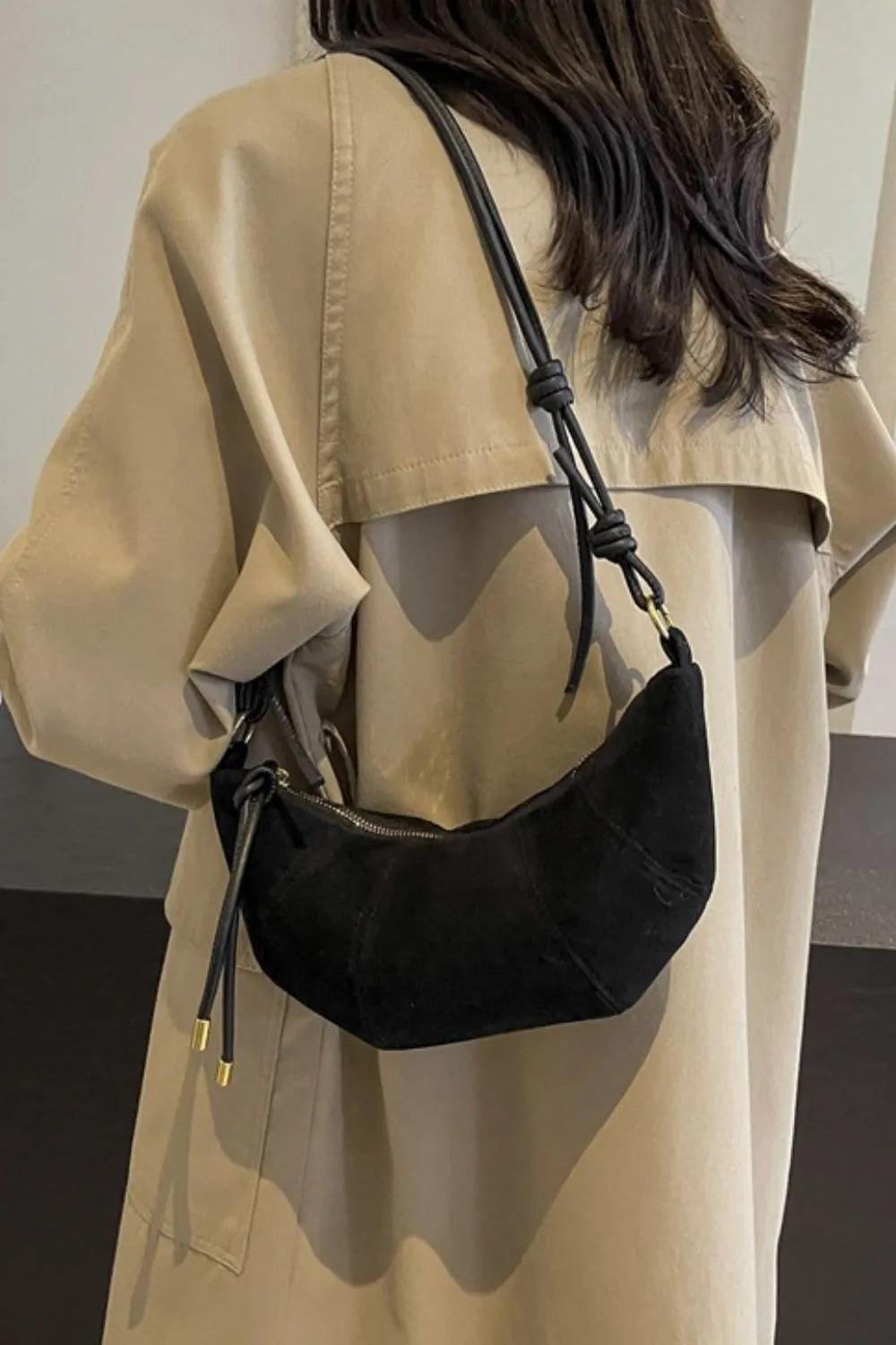PU Leather Strap Suede Shoulder Bag - Korvel