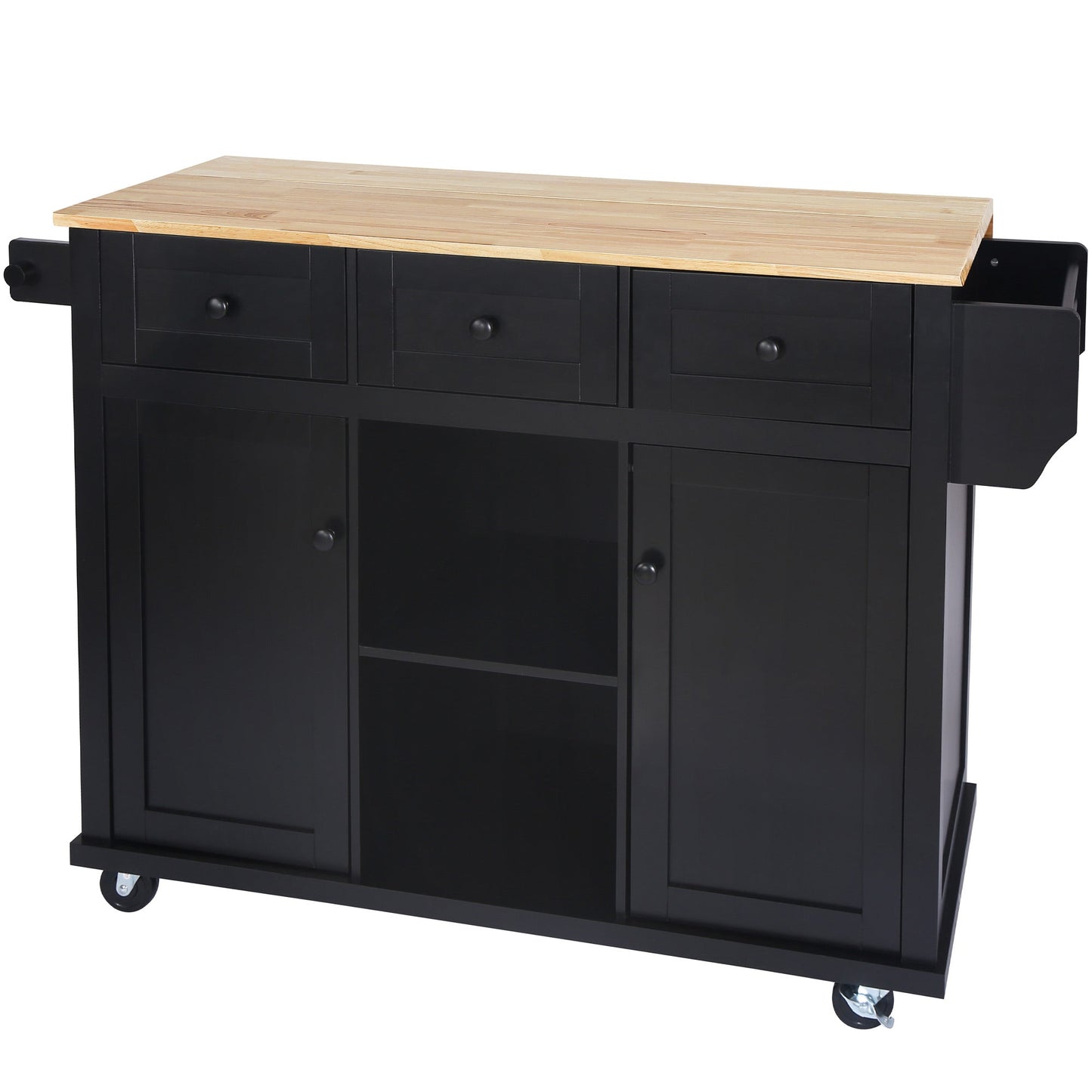 Kitchen trolley with rubber wood leaf countertop, 5-wheel kitchen island, storage cabinet and 3 dining drawers, black - Korvel