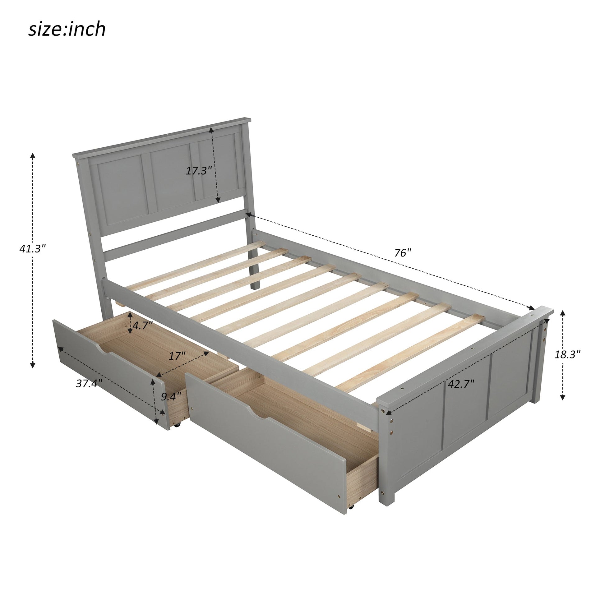 Platform Storage Bed  2 drawers with wheels, Twin Size Frame  Gray - Korvel