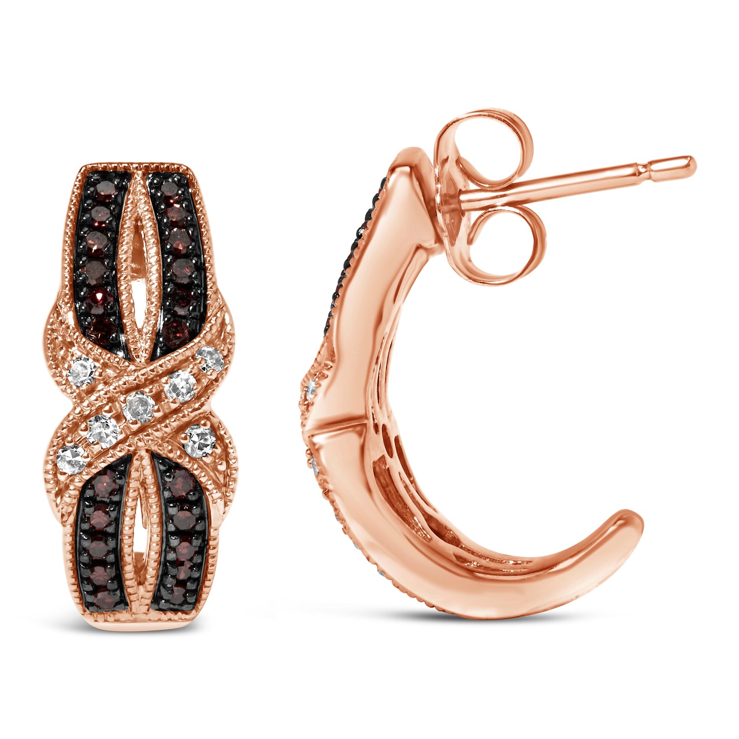 Boucles d'oreilles J-Hoop en or rose 10K avec diamants en croix