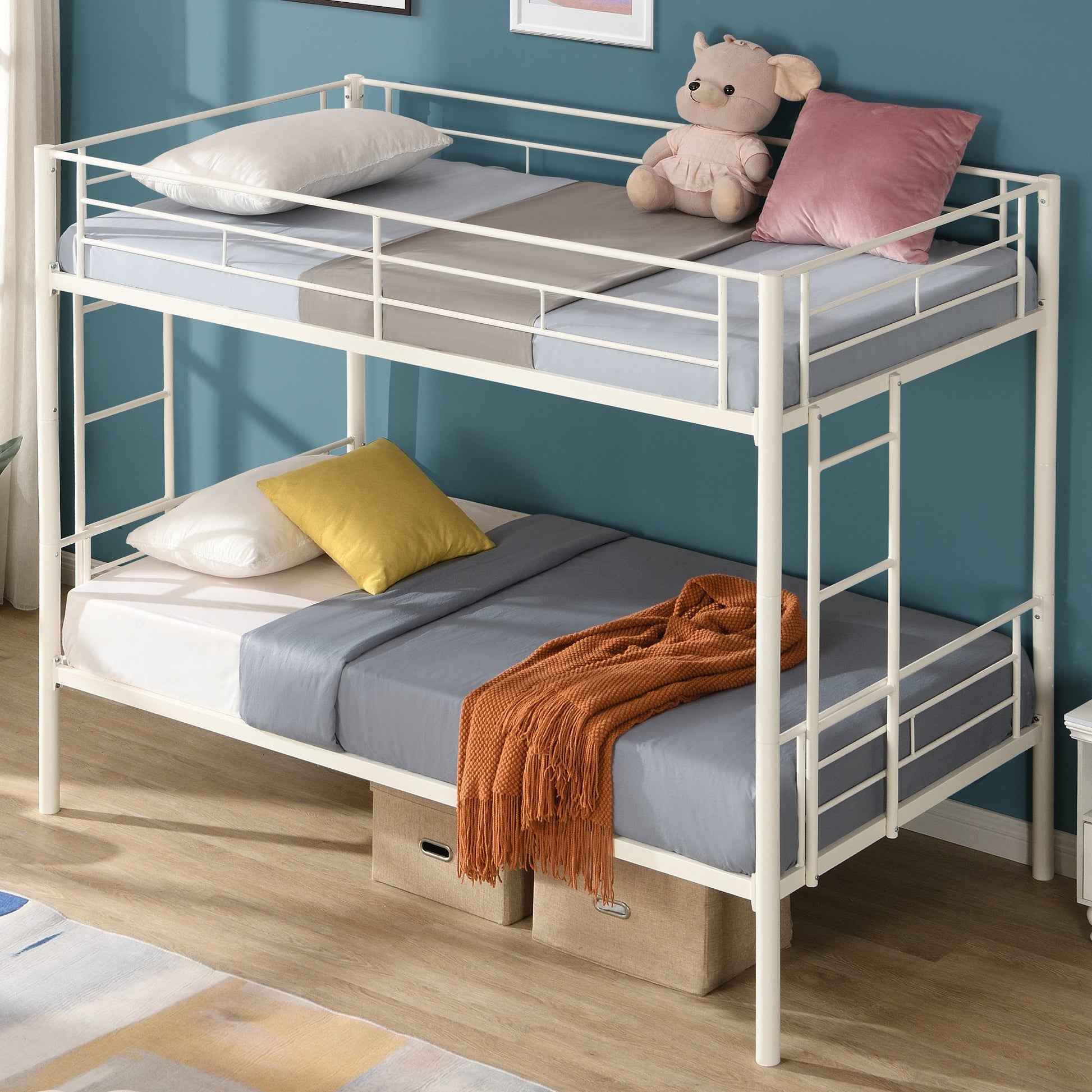 Twin metal bunk beds, metal structure bed frame with safety guardrails and 2 ladders, convertible bunk beds, white - Korvel
