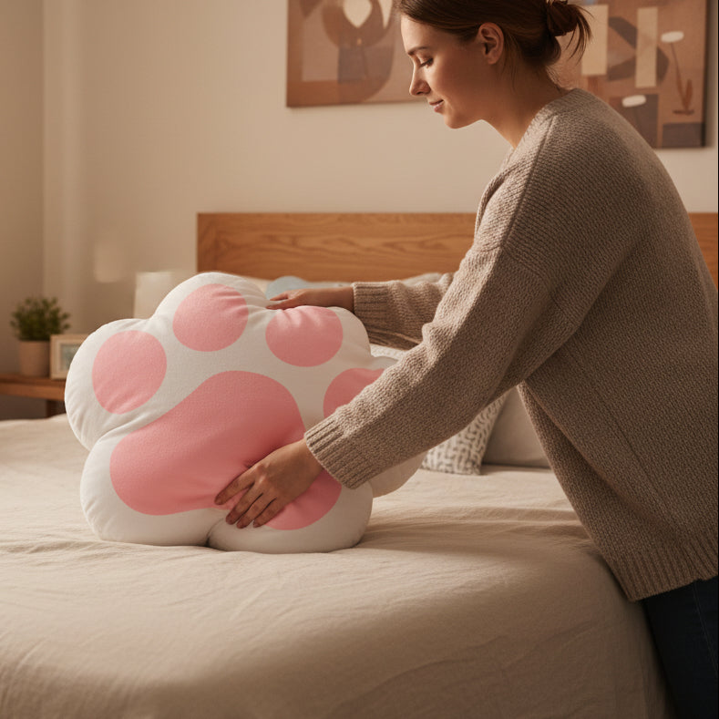 Coussin en forme de patte de chat rose charmant
