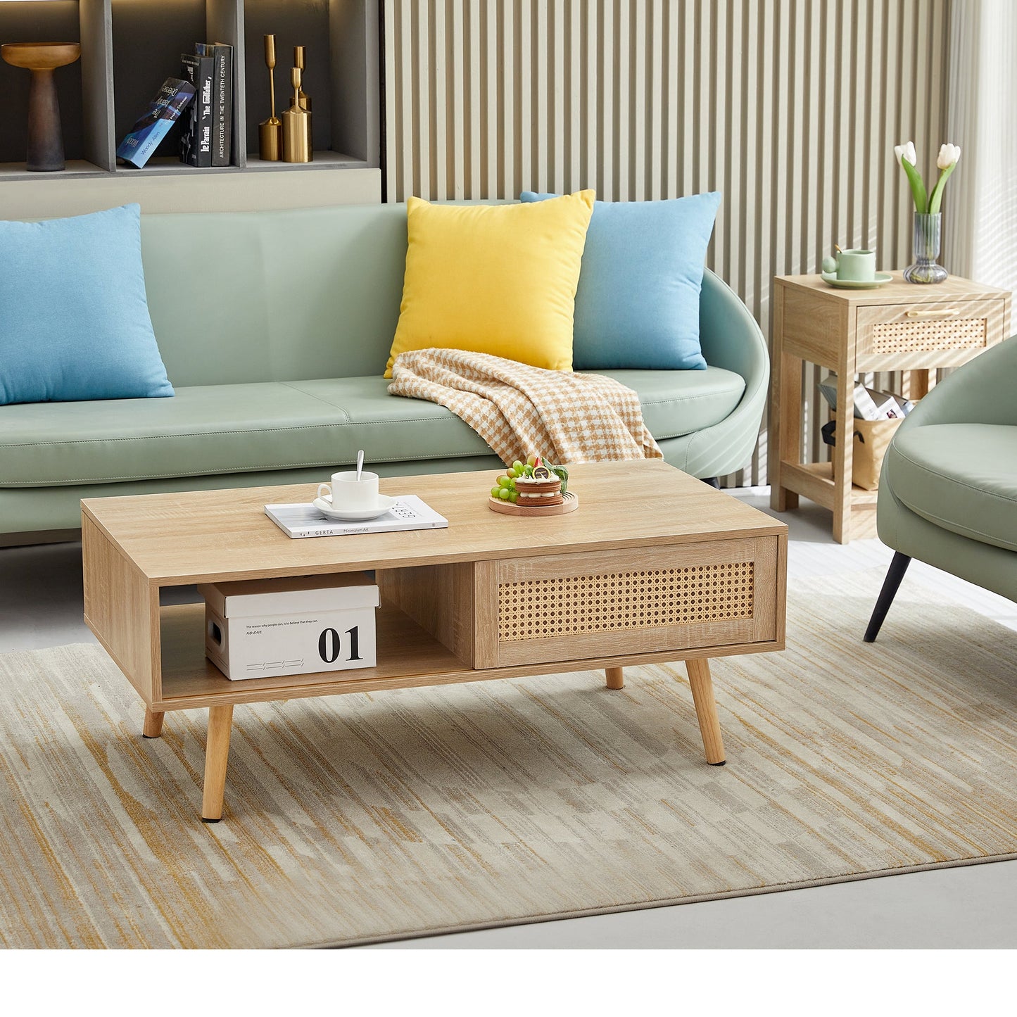 41.34" Modern Rattan Coffee Table with Sliding Door Storage