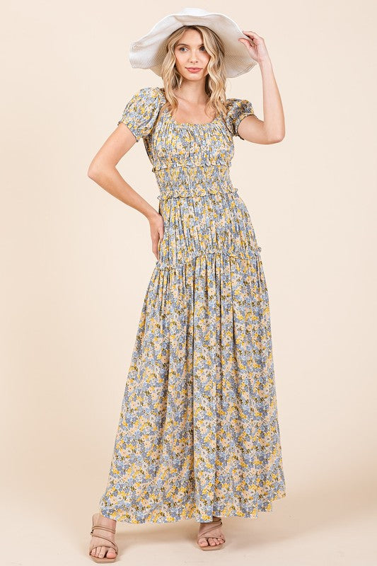 Summer Flower Print Puff Sleeve Maxi Dress