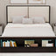 Queen Size Platform Bed Frame with Upholstery Headboard and Bookshelf in Footboard and LED Light Strips, Espresso - Korvel