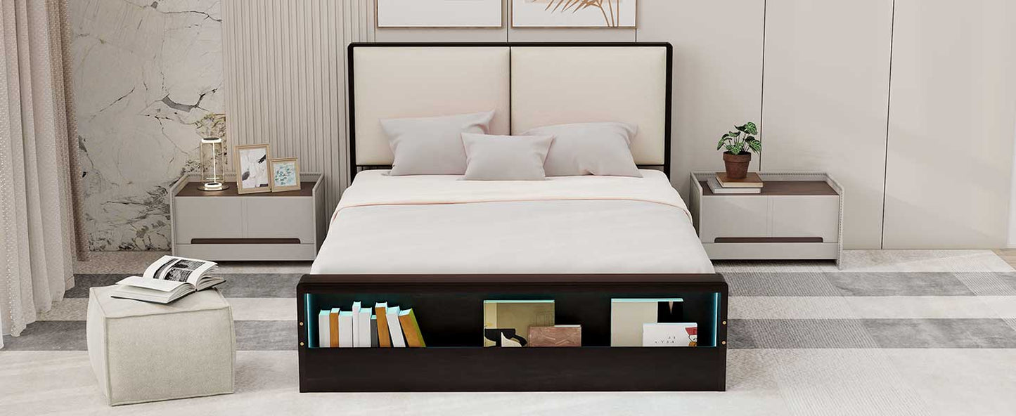 Queen Size Platform Bed Frame with Upholstery Headboard and Bookshelf in Footboard and LED Light Strips, Espresso - Korvel