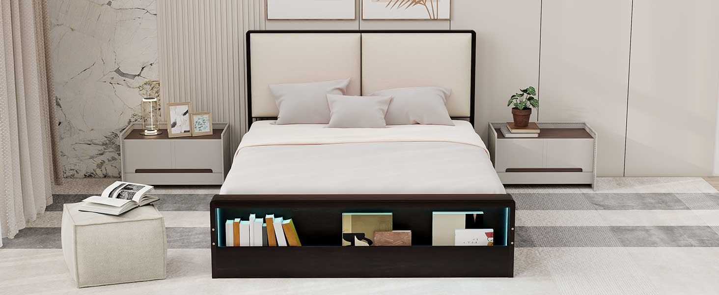 Queen Size Platform Bed Frame with Upholstery Headboard and Bookshelf in Footboard and LED Light Strips, Espresso - Korvel