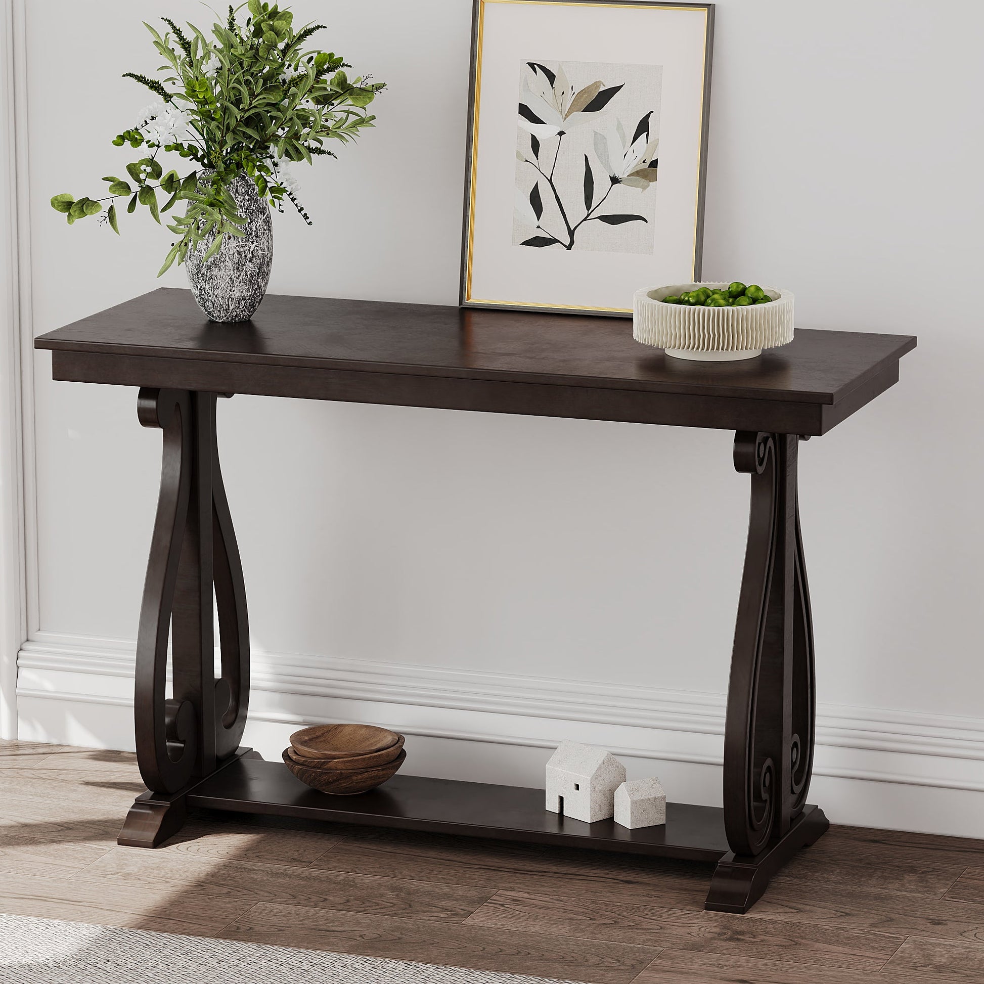 48-Inch Rustic Vintage Console Table --- Farmhouse Style Entryway Table with Open Shelf and Sturdy Construction  (Espresso) - Korvel