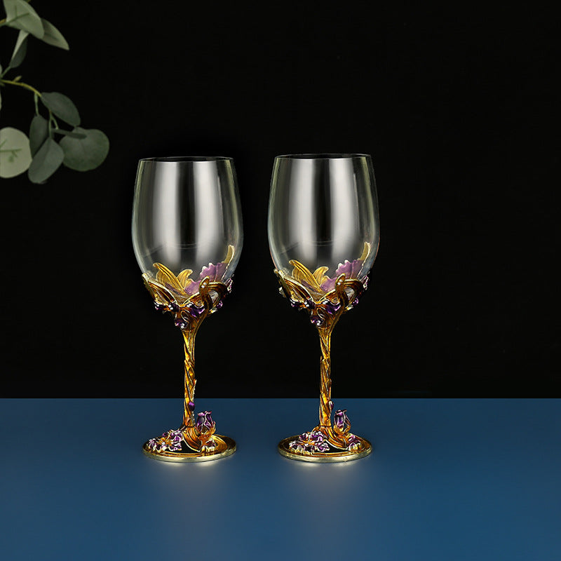 Iris Enamel Carved Red Wine Glass - High Footed Gift Set