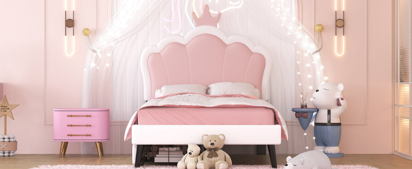 Twin Size Upholstered Princess Bed with Crown Headboard