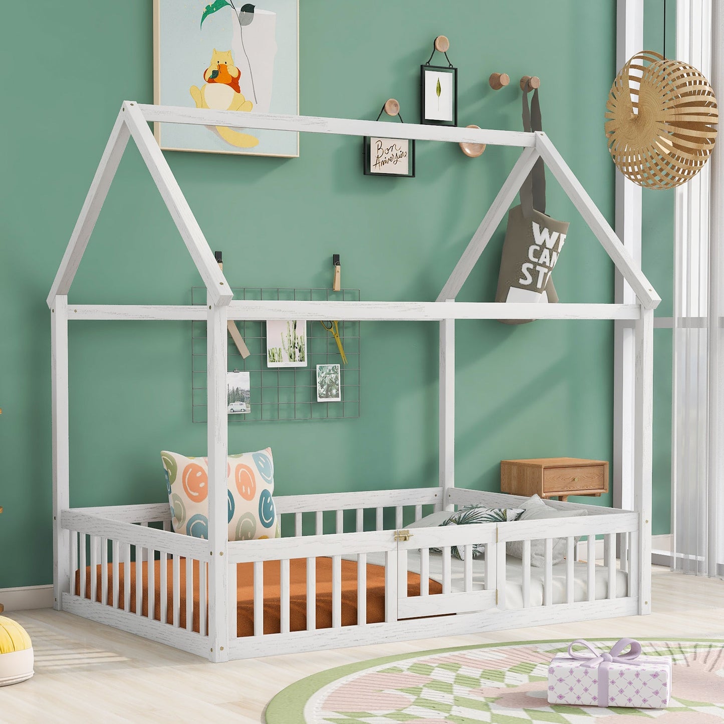 Full Size Wood House Bed with Fence and Door White Wash - Korvel