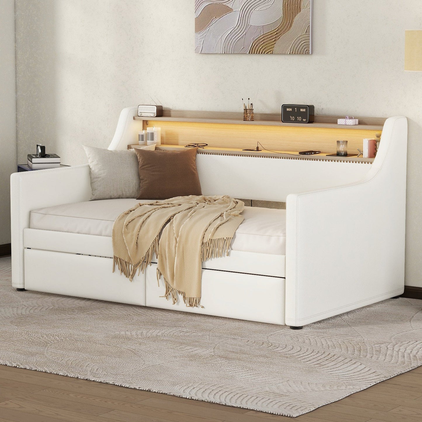 Twin Size Daybed with Drawers, Upholstered Daybed with Charging Station and LED Lights, White - Korvel