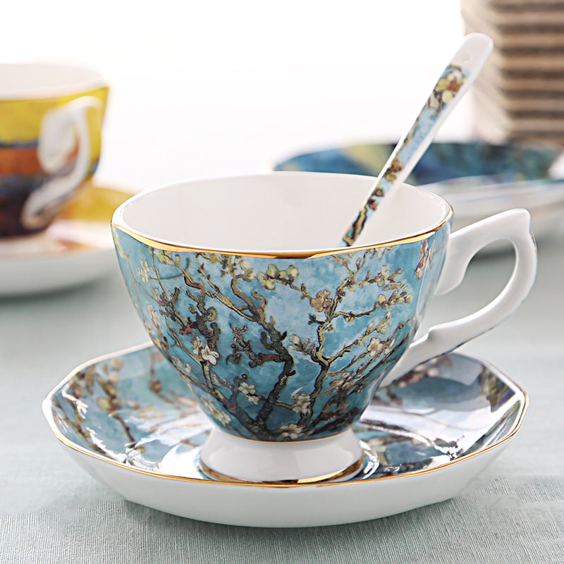 British Luxe Saucer and Spoon Afternoon Tea Cup with Van Gogh Oil Painting Design, Bone China Coffee Cup, Creative Souvenir Ceramic Mug - Korvel